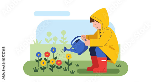 Delightful cartoon of a child tending to a flower garden with care