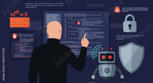 Cybersecurity specialist examining code with AI assistance to maintain data protection