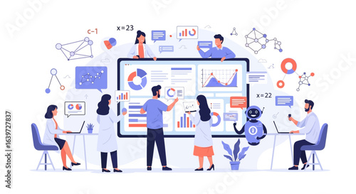 Diverse team collaborating on data analysis and science with robot assistant