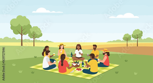 Diverse friends gathering for a cheerful picnic on a sunny day in the park