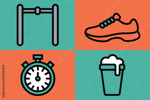 A grid featuring icons of a pull up bar running shoe stopwatch and a cup of beer on colored squares