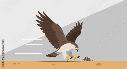 Dramatic illustration of an eagle preying on a startled rodent in minimalistic art