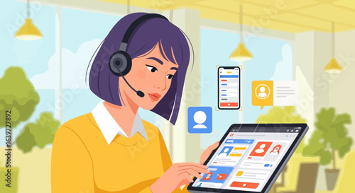Dedicated customer service representative using digital tools for assistance