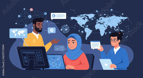 Diverse team collaboration on global network data insights and connectivity