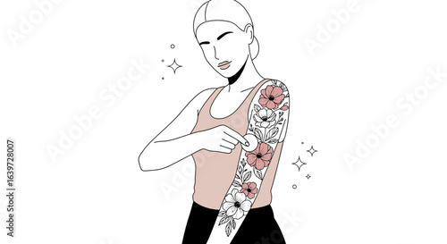 Elegant woman cleansing skin with floral sleeve in modern minimal style