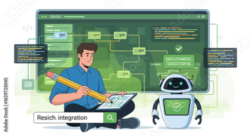 Devops workflow automation concept with engineer and robot assistant