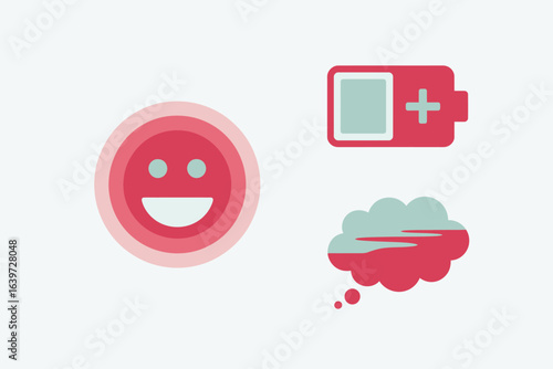 A digital illustration showing a happy face, a battery icon, and a cloud speech bubble on white background