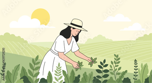 Female farmer collecting leaves in a verdant field under a warm sun