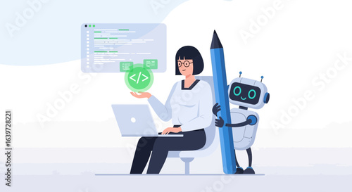 Female programmer developing software with an assistant robot and large pencil