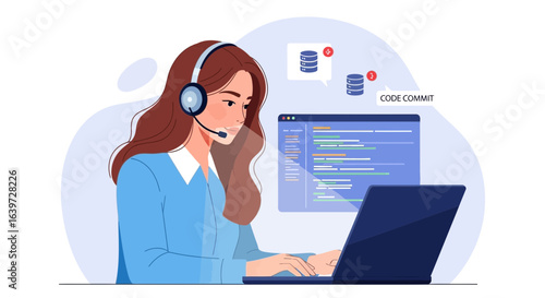 Female programmer coding and troubleshooting with database integration