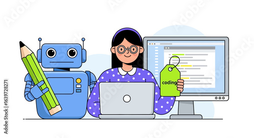 Empowering innovation, girl coder, robot assistant, collaborative tech illustration