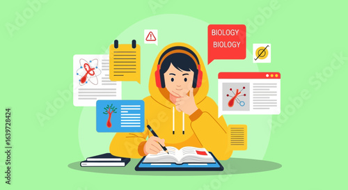 Focused student studying biology with online resources and a textbook