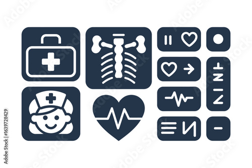 A collection of medical icons including a first aid kit, x ray, nurse, and heart related symbols