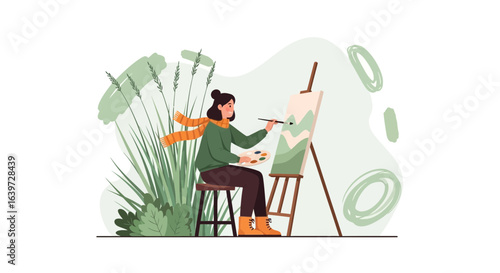 Enthusiastic woman creating landscape painting outdoors on canvas stand