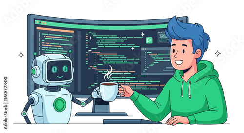 Friendly AI and Developer enjoying coffee break while coding together