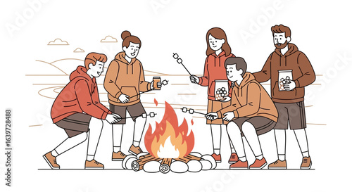 Friends Gather Around a Campfire Roasting Marshmallows enjoying a cozy evening