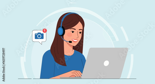 Friendly customer support representative working with laptop computer