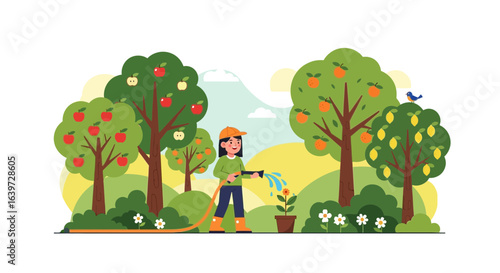 Girl watering a flower with fruit trees backdrop for agriculture scenery