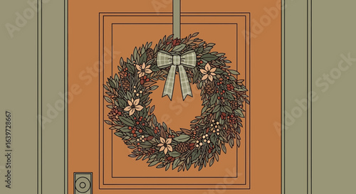 Festive wreath adorning an earthy-toned door for autumnal and seasonal greetings