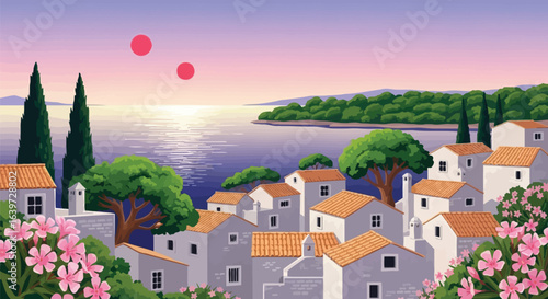 Beautiful coastal village art illustration mediterranean style
