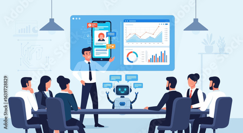 Futuristic business presentation with diverse team and assistive AI robot