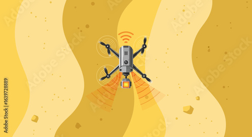 Futuristic remote control drone flying over serene sand dune landscape