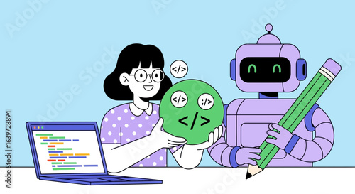 Illustration depicting collaboration between human programmer and ai assistance