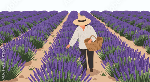 Illustration of a person harvesting lavender in a field under sunlight