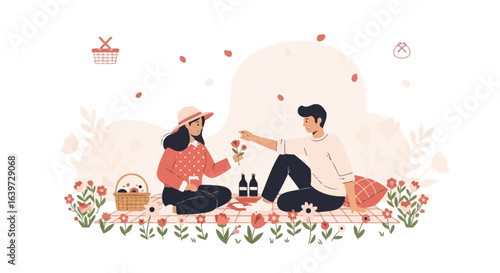 Illustration of a romantic couple having a spring picnic with wine