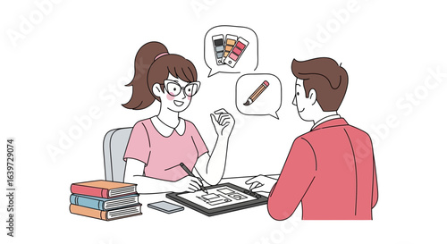 Illustration of design consultation between a designer and a client on projects