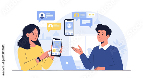 Illustration of coworkers discussing a mobile application design on a laptop