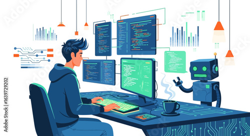 Illustrative depiction of software developer interacting with artificial intelligence