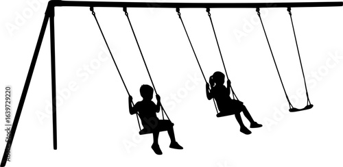 two children playing on swings, silhouette, black and white, playground