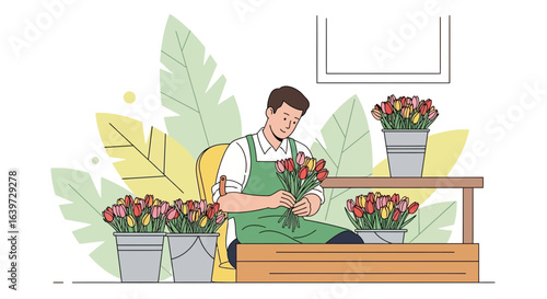 Illustrative florist with colorful tulips arrangement for sale display