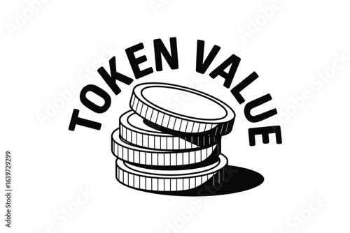A stack of four coins with the words token value arched above them in a black and white design