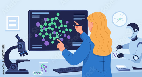 Illustration of a Woman and a Robot Working in a Modern Science Lab