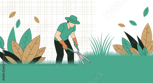 Illustration of a Gardener Trimming Grass with Shears in a Verdant Setting