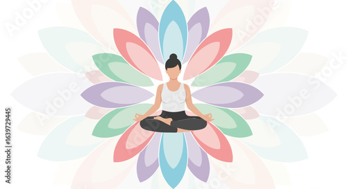 Illustration of a woman practicing yoga with a vibrant flower backdrop
