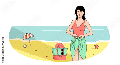 Illustration of a woman tying a pareo on a summer beach getaway