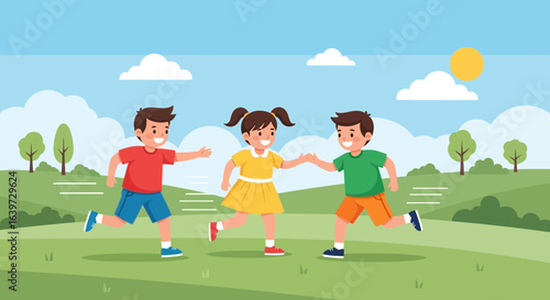 Joyful kids embracing outdoor playtime amidst verdant meadows under sky