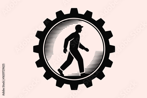 A stylized image of a person walking inside a gear with horizontal lines as background fill