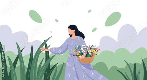 Lady collecting fresh flowers in a natural garden during the springtime