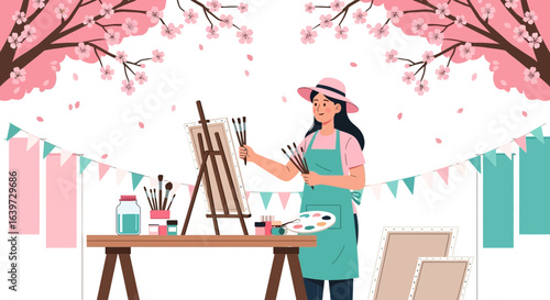 Illustrative female artist painting outdoors under cherry blossoms branches