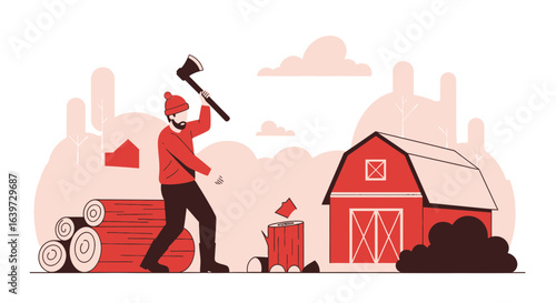 Lumberjack chopping wood near red barn with axe in a serene rural landscape