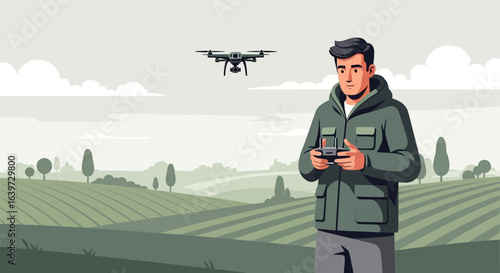Man operating drone with controller over rural landscape with fields