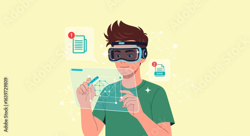 Man immersed in virtual reality environment creating a 3D model structure