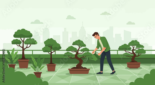 Man tends to his peaceful Bonsai garden with a city background view