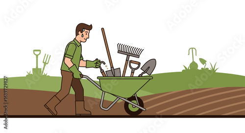 Man pushing wheelbarrow with gardening tools in a field, working outdoors