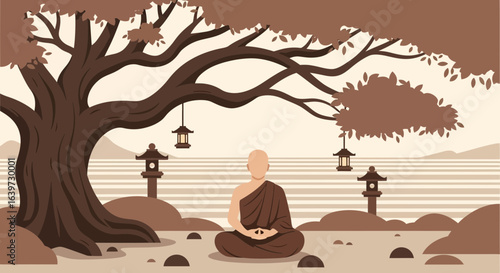 Monochromatic meditation scene in a serene spiritual environment artwork