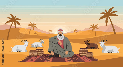 Nomadic life illustration with a serene desert landscape and resting goasts